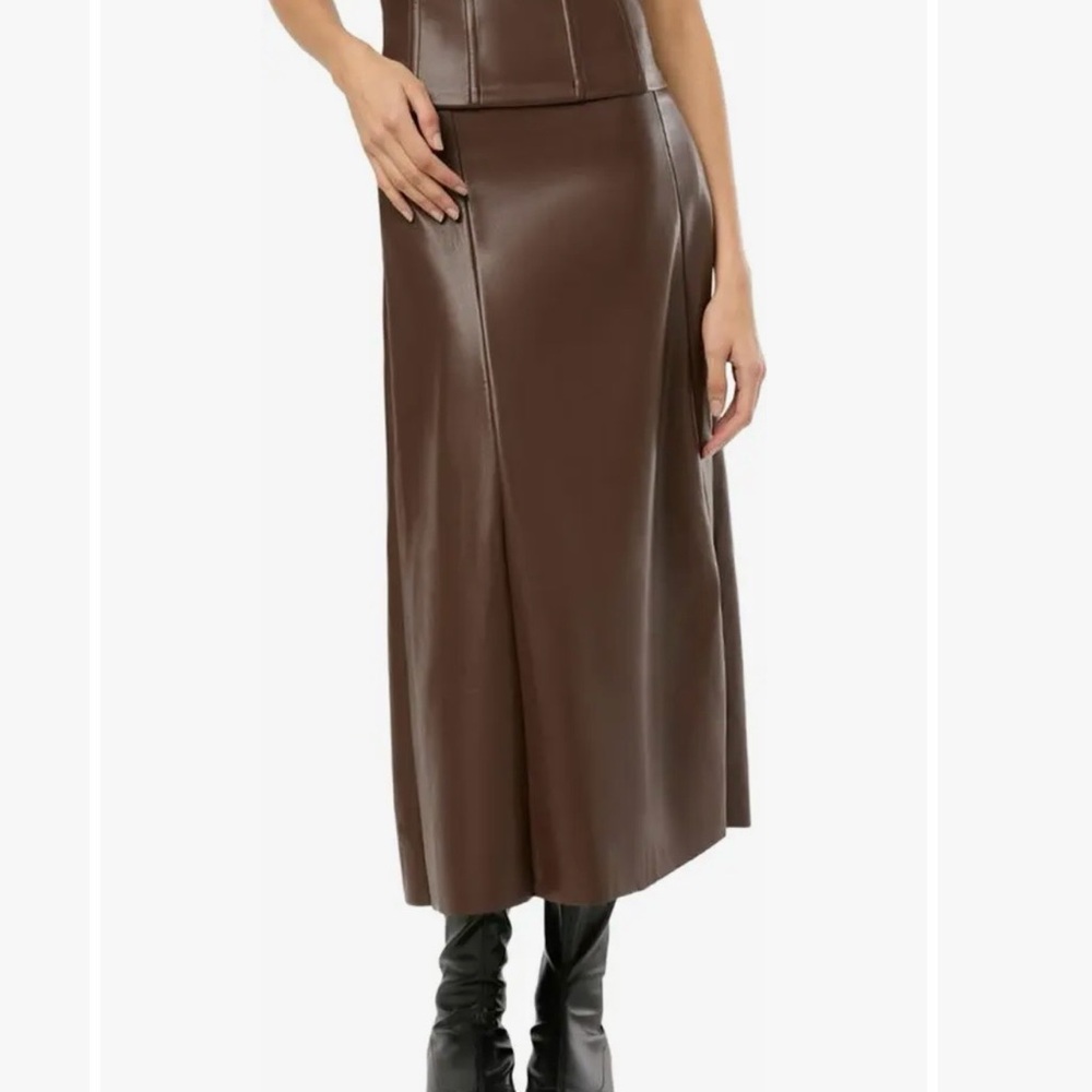 NWT WeWoreWhat Faux Leather Flare Midi Skirt in Brown